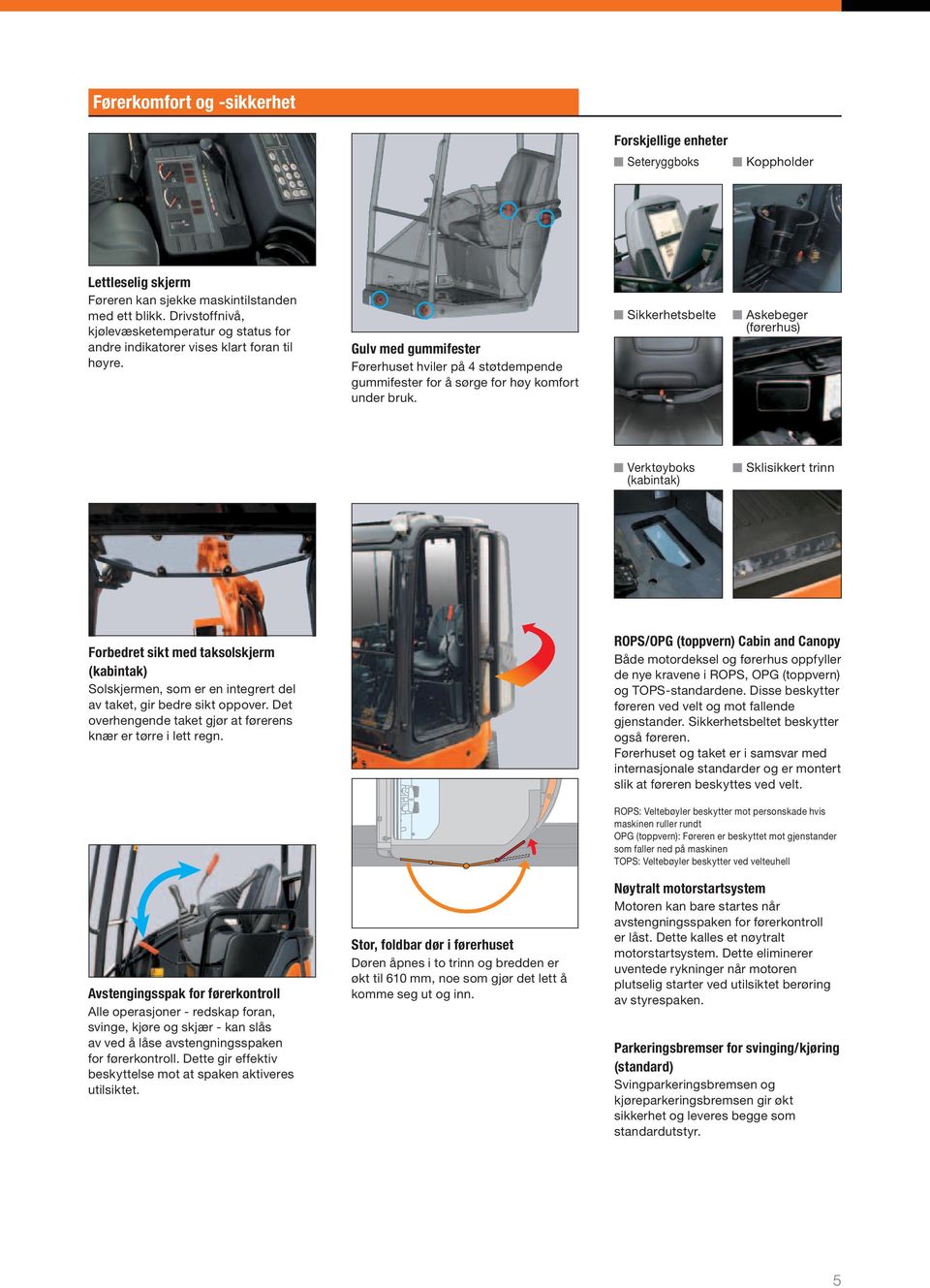 Gulv med gummifester Førerhuset hviler på 4 støtdempende gummifester for å sørge for høy komfort under bruk.