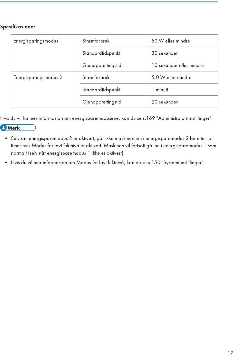 169 "Administratorinnstillinger". Selv om energisparemodus 2 er aktivert, går ikke maskinen inn i energisparemodus 2 før etter to timer hvis Modus for lavt fuktnivå er aktivert.