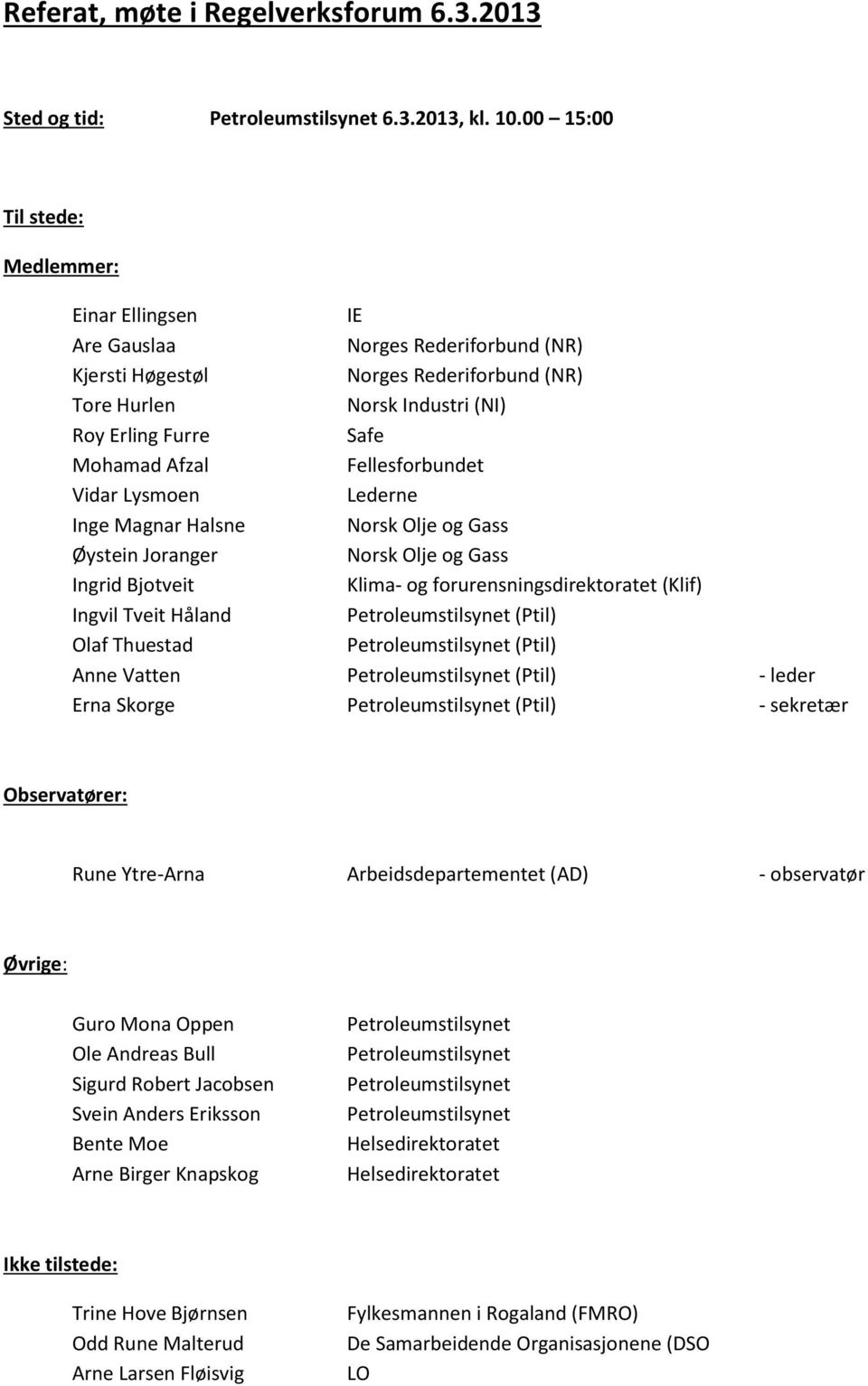 Fellesforbundet Vidar Lysmoen Lederne Inge Magnar Halsne Norsk Olje og Gass Øystein Joranger Norsk Olje og Gass Ingrid Bjotveit Klima- og forurensningsdirektoratet (Klif) Ingvil Tveit Håland (Ptil)