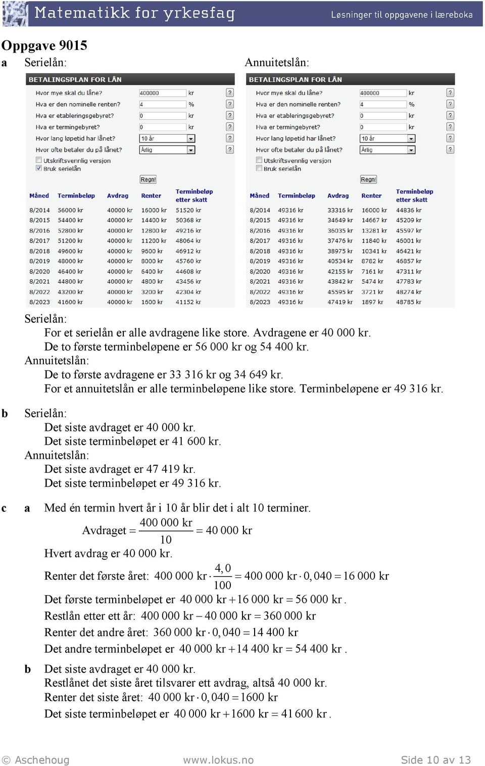 Det siste termineløpet er 41 600 kr. Annuitetslån: Det siste avdraget er 47 419 kr. Det siste termineløpet er 49 316 kr. c a Med én termin hvert år i 10 år lir det i alt 10 terminer.