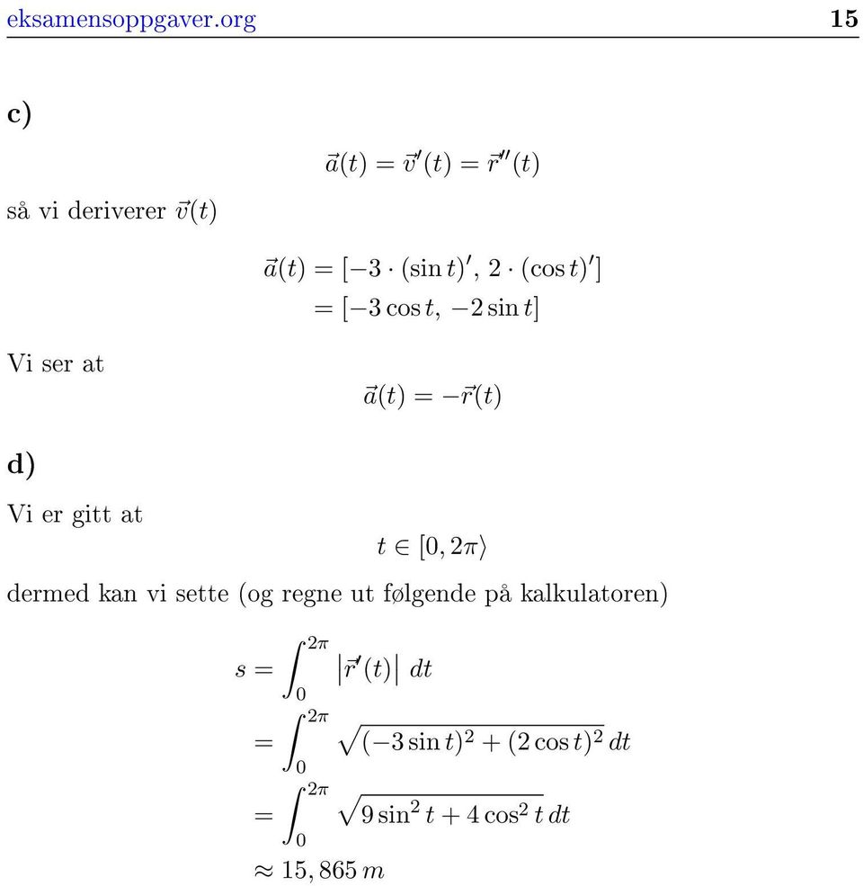 ] = [ 3 cos t, 2 sin t] Vi ser at a(t) = r(t) d) Vi er gitt at t [0, 2π dermed