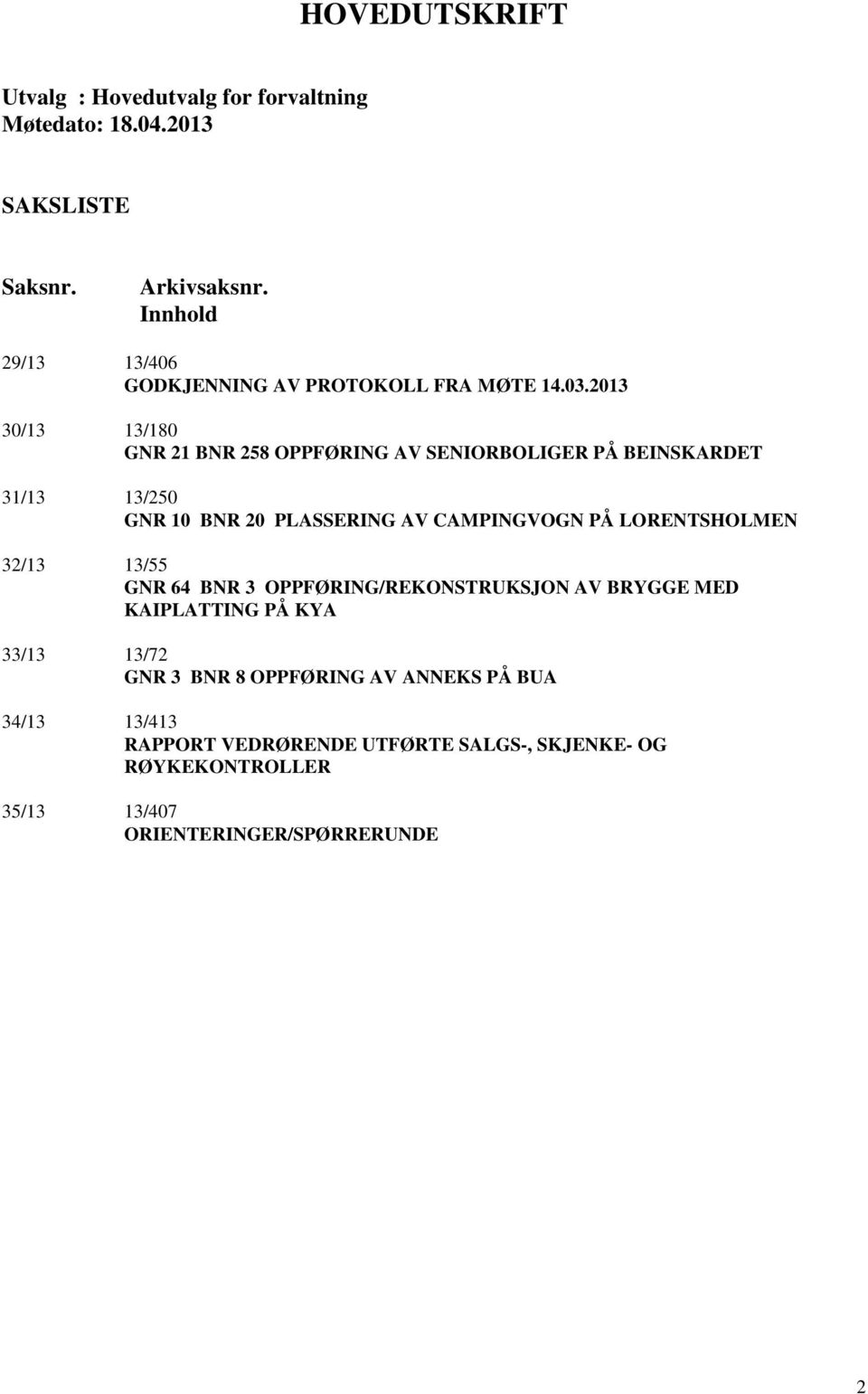 2013 30/13 13/180 GNR 21 BNR 258 OPPFØRING AV SENIORBOLIGER PÅ BEINSKARDET 31/13 13/250 GNR 10 BNR 20 PLASSERING AV CAMPINGVOGN PÅ