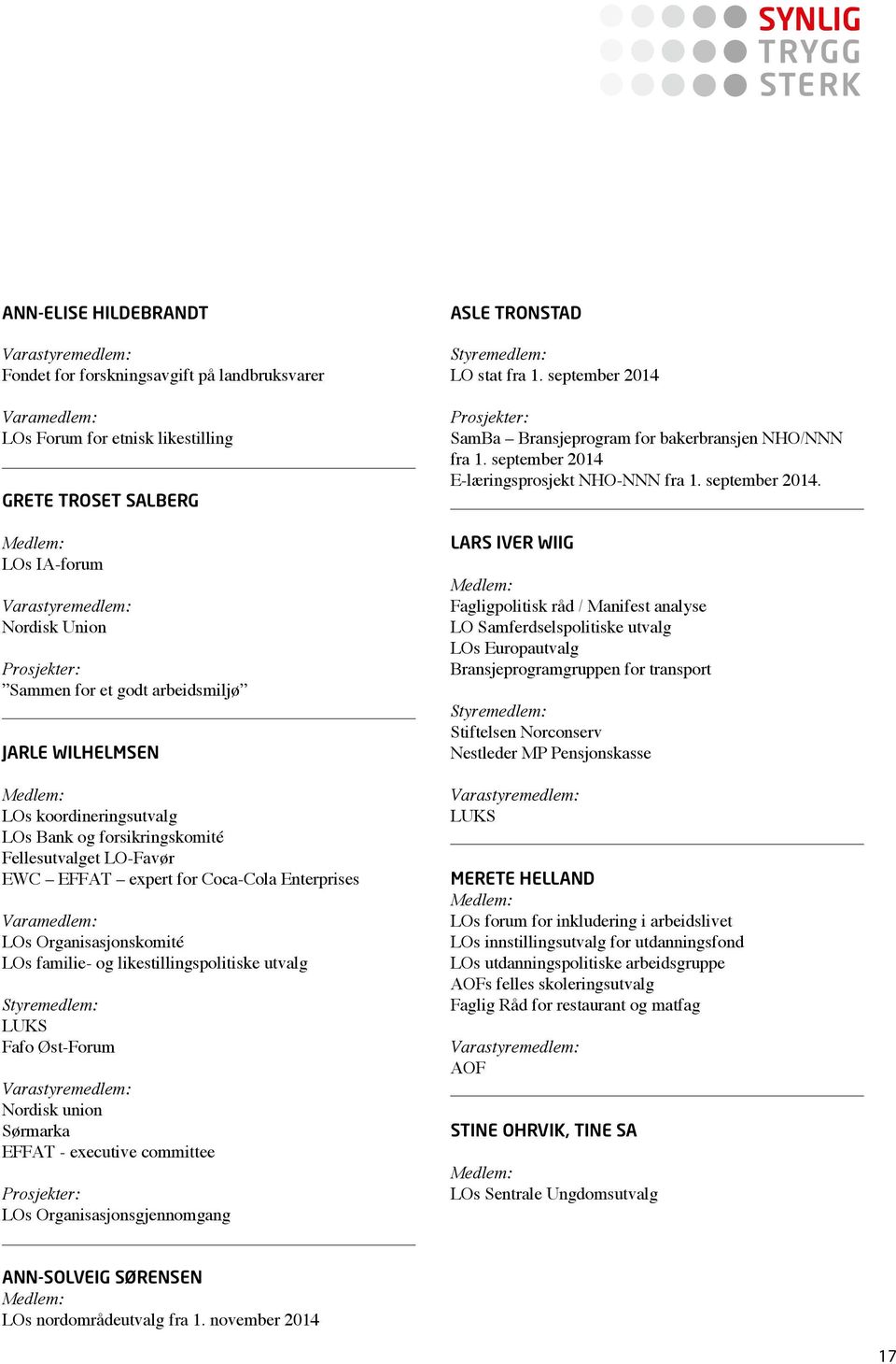 Varamedlem: LOs Organisasjonskomité LOs familie- og likestillingspolitiske utvalg Styremedlem: LUKS Fafo Øst-Forum Varastyremedlem: Nordisk union Sørmarka EFFAT - executive committee Prosjekter: LOs