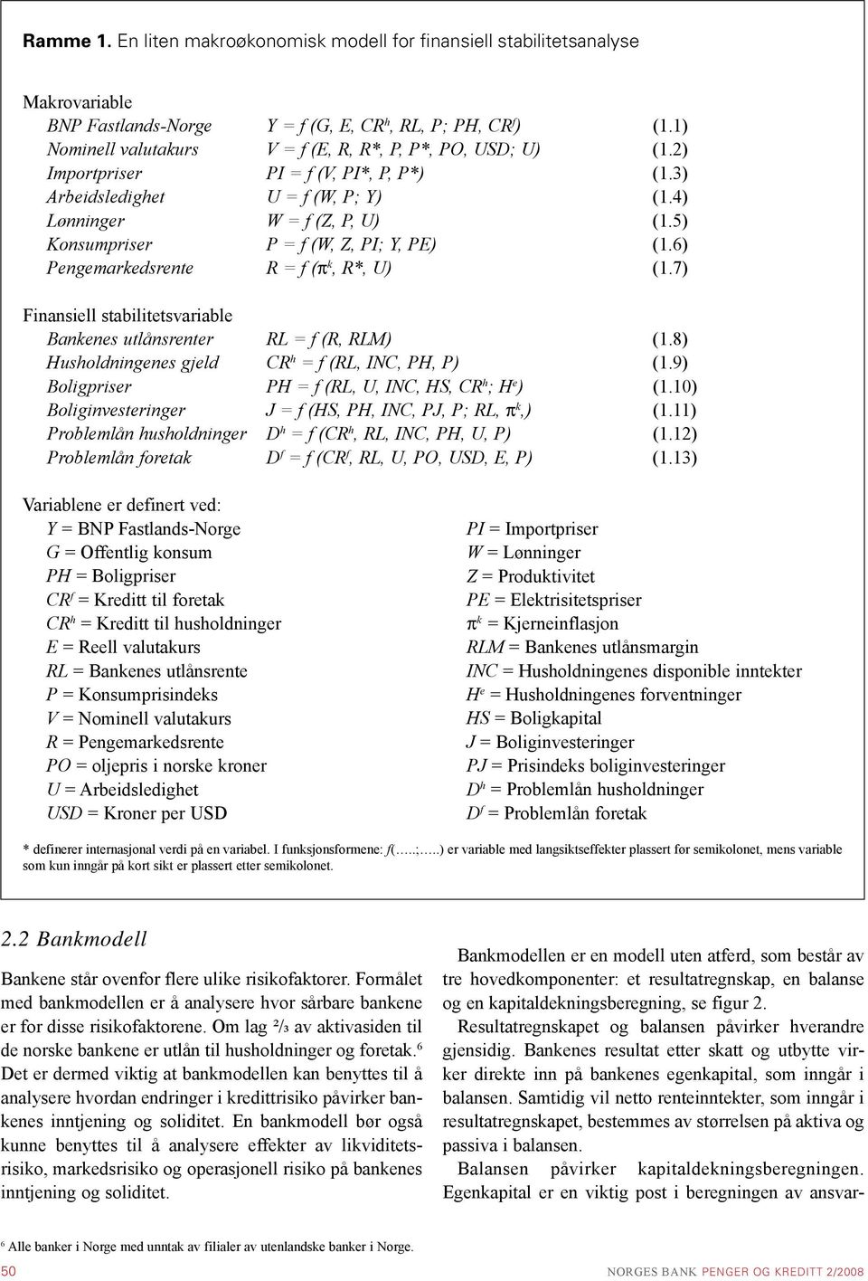 5) Konsumpriser P = f (W, Z, PI; Y, PE) (1.) Pengemarkedsrente R = f (π k, R*, U) (1.7) Finansiell stabilitetsvariable Bankenes utlånsrenter RL = f (R, RLM) (1.