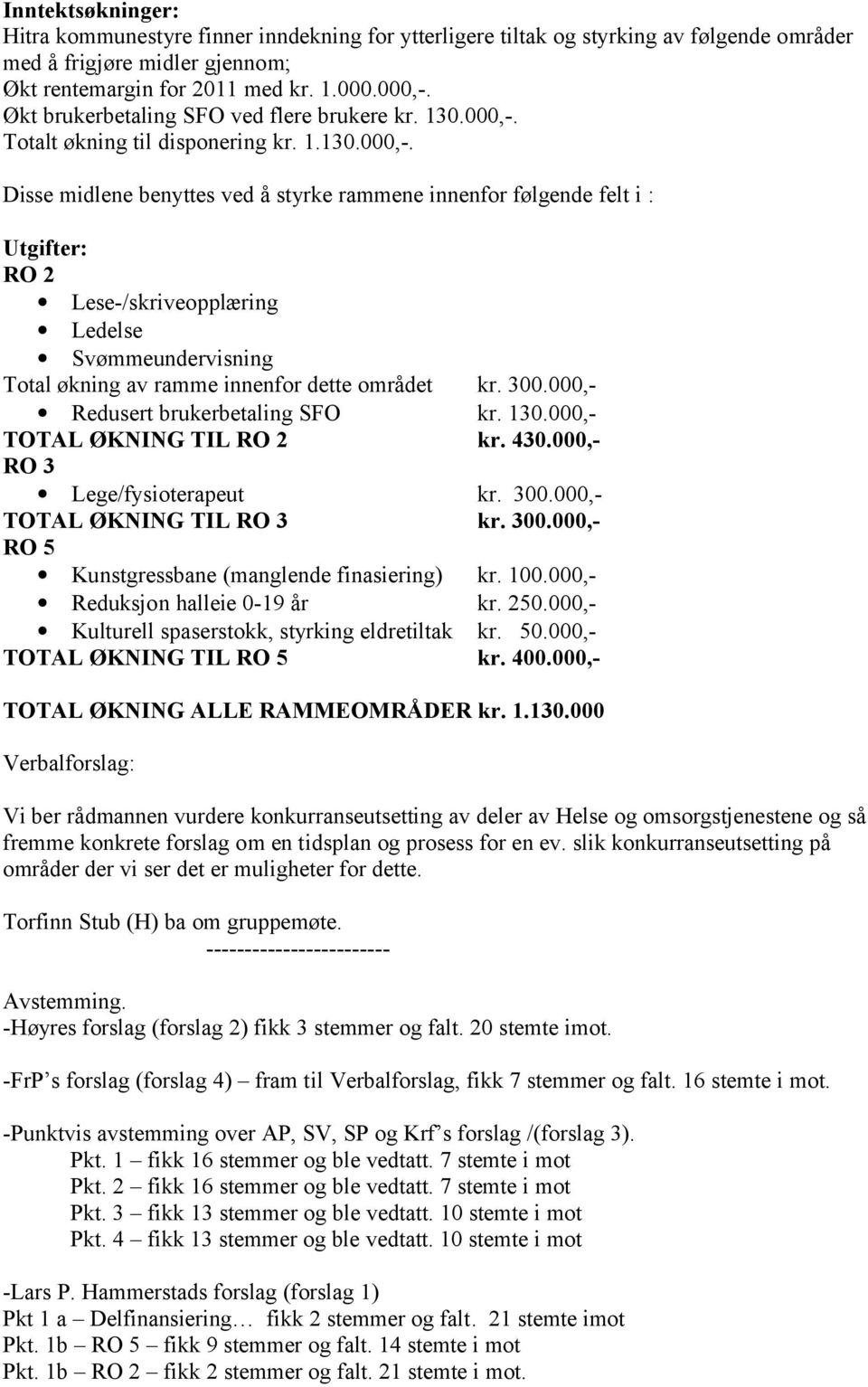 Totalt økning til disponering kr. 1.130.000,-.