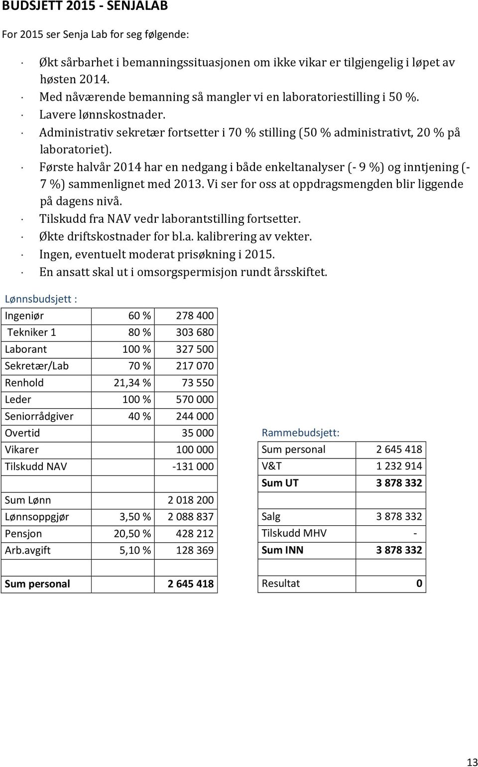 Første halvår 2014 har en nedgang i både enkeltanalyser (- 9 %) og inntjening (- 7 %) sammenlignet med 2013. Vi ser for oss at oppdragsmengden blir liggende på dagens nivå.