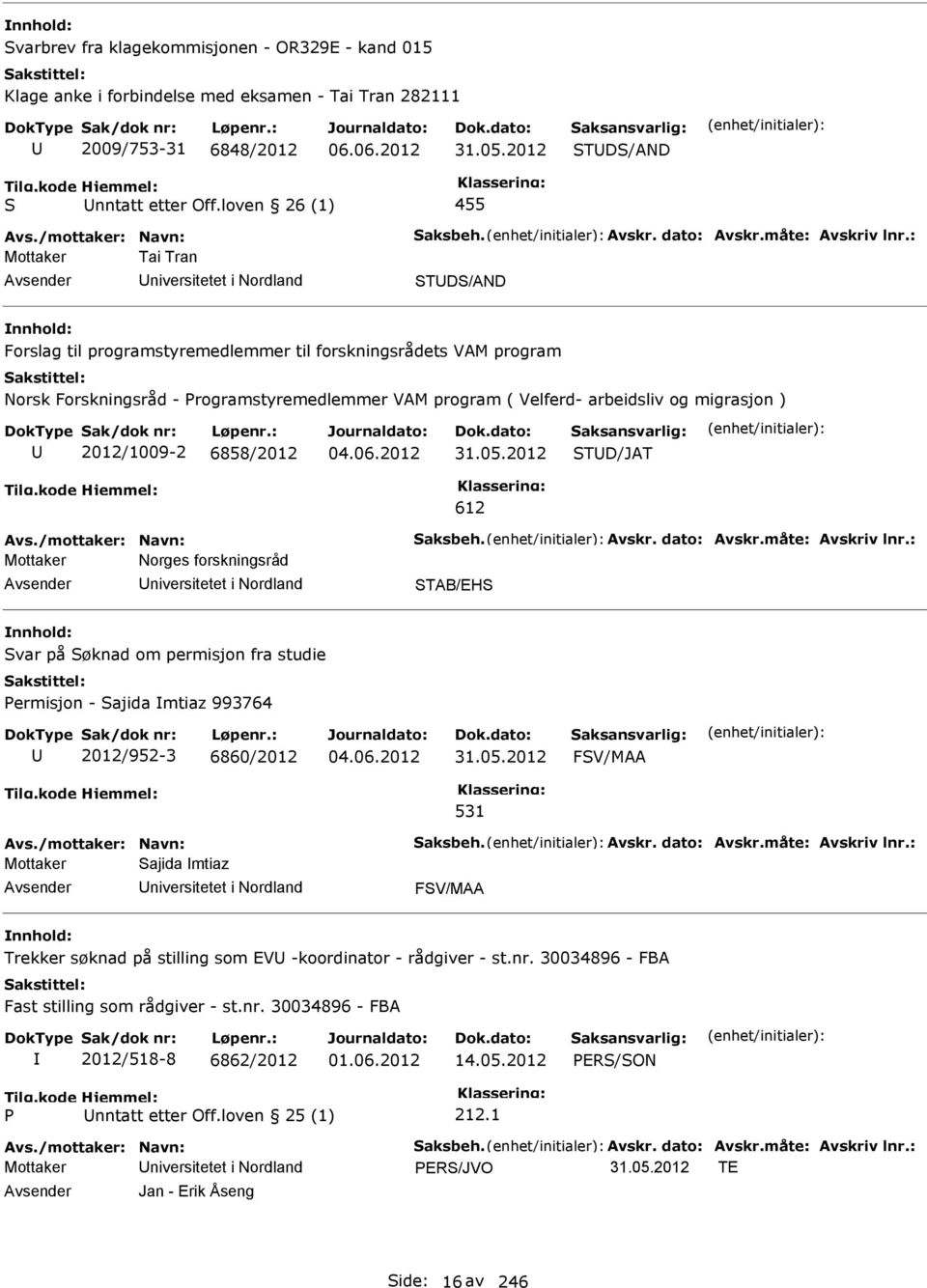 : Mottaker Tai Tran niversitetet i Nordland TD/AND Forslag til programstyremedlemmer til forskningsrådets VAM program Norsk Forskningsråd - rogramstyremedlemmer VAM program ( Velferd- arbeidsliv og