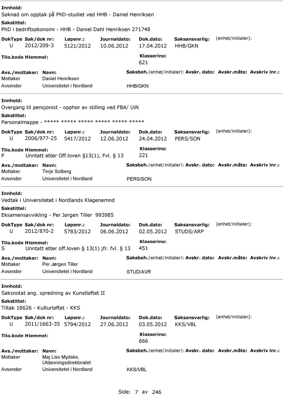 : Mottaker Daniel Henriksen niversitetet i Nordland HHB/GKN Overgang til pensjonist - opphør av stilling ved FBA/ in ersonalmappe - ***** ***** ***** ***** ***** ***** 2006/977-25 5417/2012 12.06.2012 24.