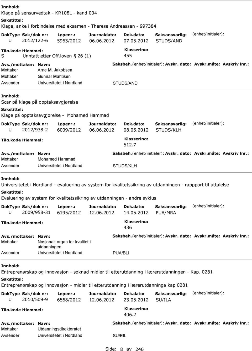 Jakobsen Mottaker Gunnar Mahtisen niversitetet i Nordland TD/AND car på klage på opptaksavgjørelse Klage på opptaksavgjørelse - Mohamed Hammad 2012/938-2 6009/2012 06.06.2012 08.05.2012 TD/KLH 512.