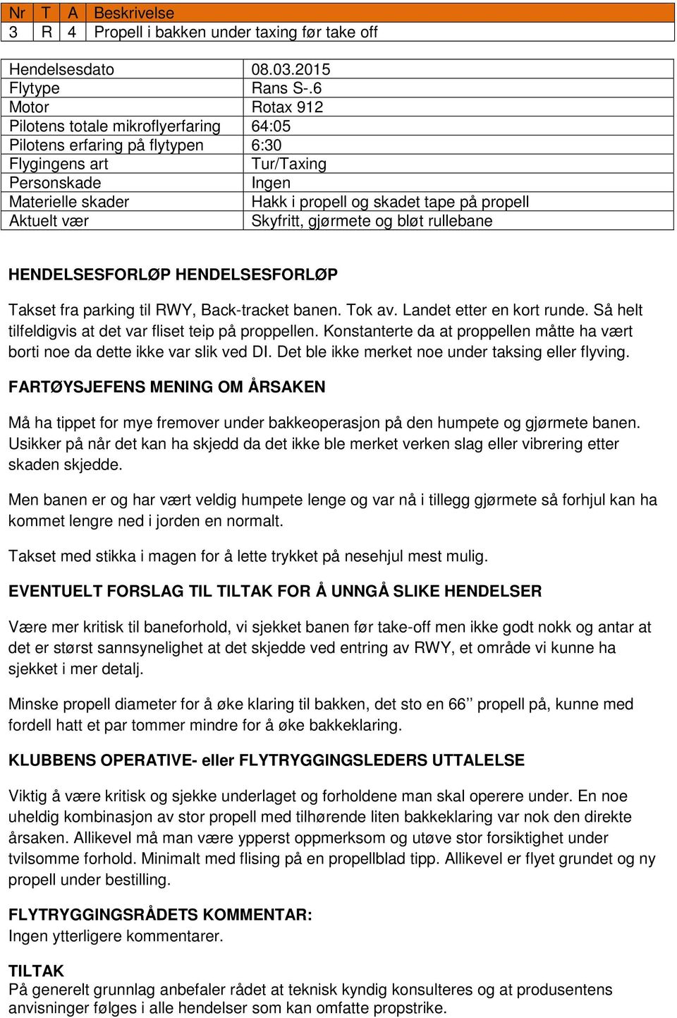 til RWY, Back-tracket banen. Tok av. Landet etter en kort runde. Så helt tilfeldigvis at det var fliset teip på proppellen.