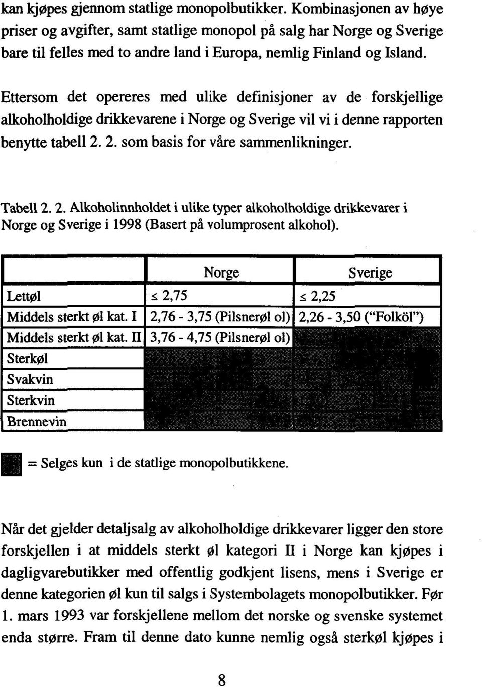 Ettersom det opereres med ulike definisjoner av de forskjellige alkoholholdige drikkevarene i Norge og Sverige vil vi i denne rapporten benytte tabell 2. 2. som basis for våre sammenlikninger.