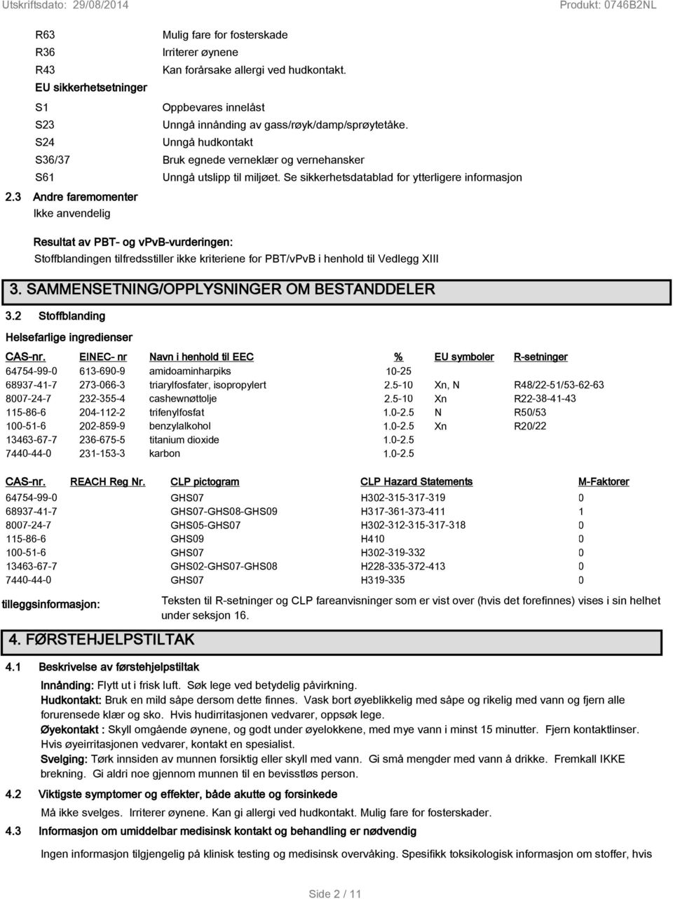 Se sikkerhetsdatablad for ytterligere informasjon Stoffblandingen tilfredsstiller ikke kriteriene for PBT/vPvB i henhold til Vedlegg XIII 3. SAMMENSETNING/OPPLYSNINGER OM BESTANDDELER 3.