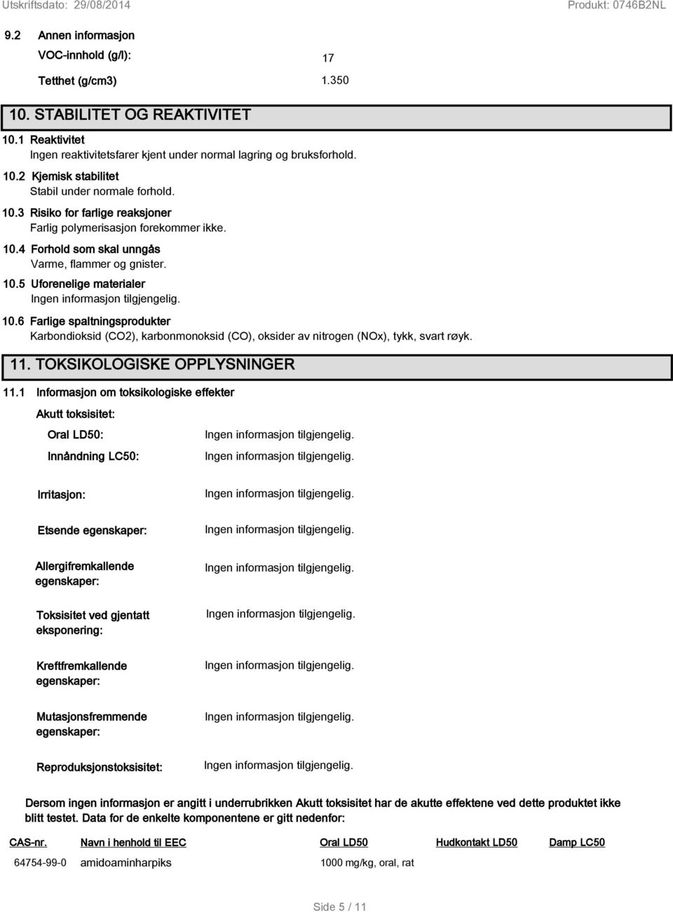 6 Farlige spaltningsprodukter Karbondioksid (CO2), karbonmonoksid (CO), oksider av nitrogen (NOx), tykk, svart røyk. 11. TOKSIKOLOGISKE OPPLYSNINGER 11.