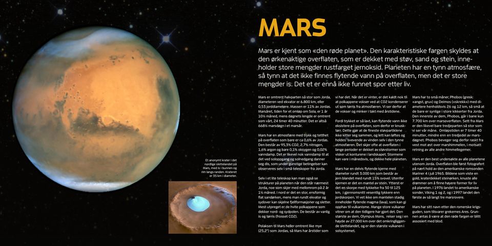 Et anonymt krater i det nordlige slettelandet på Mars, med is i bunnen og rim langs randen. Krateret er 35 km i diameter. Mars er omtrent halvparten så stor som Jorda, diameteren ved ekvator er 6.