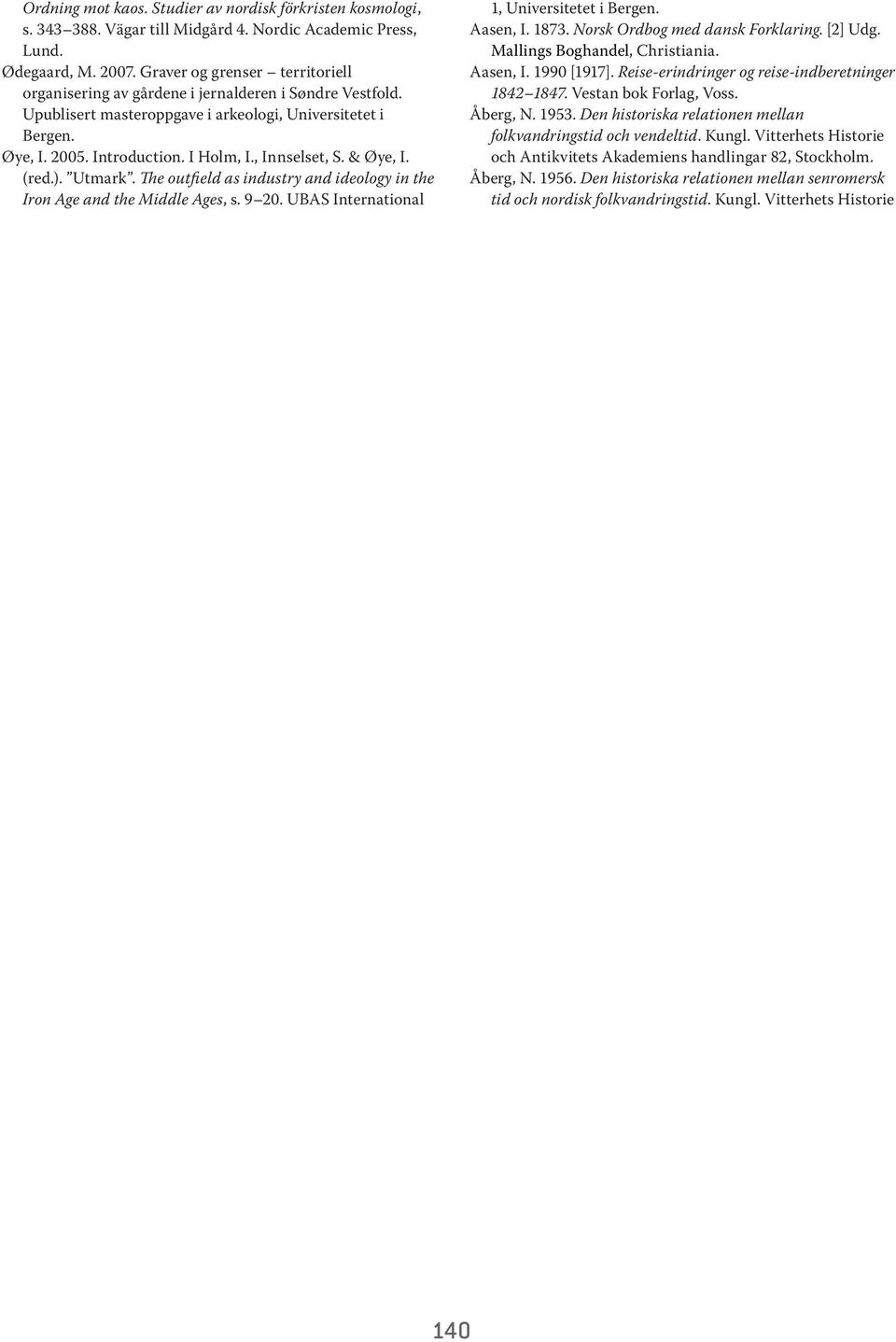 , Innselset, S. & Øye, I. (red.). Utmark. The outfield as industry and ideology in the Iron Age and the Middle Ages, s. 9 20. UBAS International 1, Universitetet i Bergen. Aasen, I. 1873.