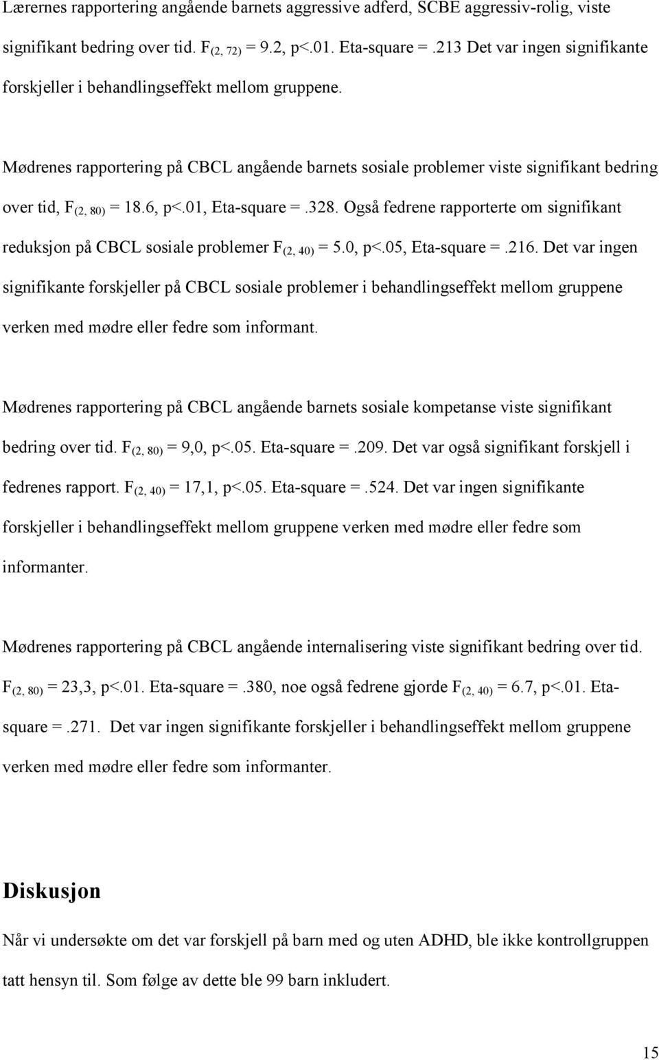 6, p<.01, Eta-square =.328. Også fedrene rapporterte om signifikant reduksjon på CBCL sosiale problemer F (2, 40) = 5.0, p<.05, Eta-square =.216.