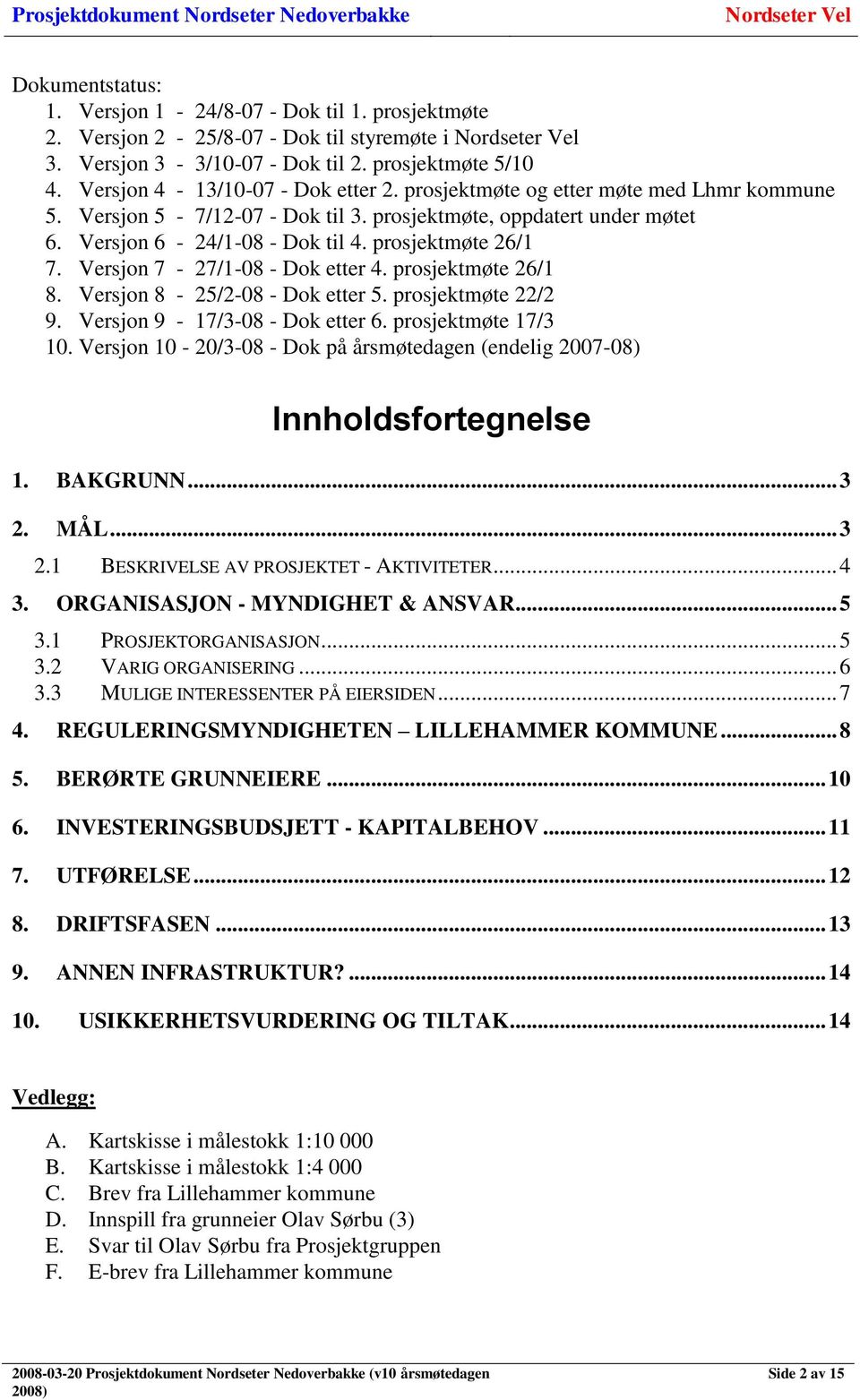 Versjon 7-27/1-08 - Dok etter 4. prosjektmøte 26/1 8. Versjon 8-25/2-08 - Dok etter 5. prosjektmøte 22/2 9. Versjon 9-17/3-08 - Dok etter 6. prosjektmøte 17/3 10.