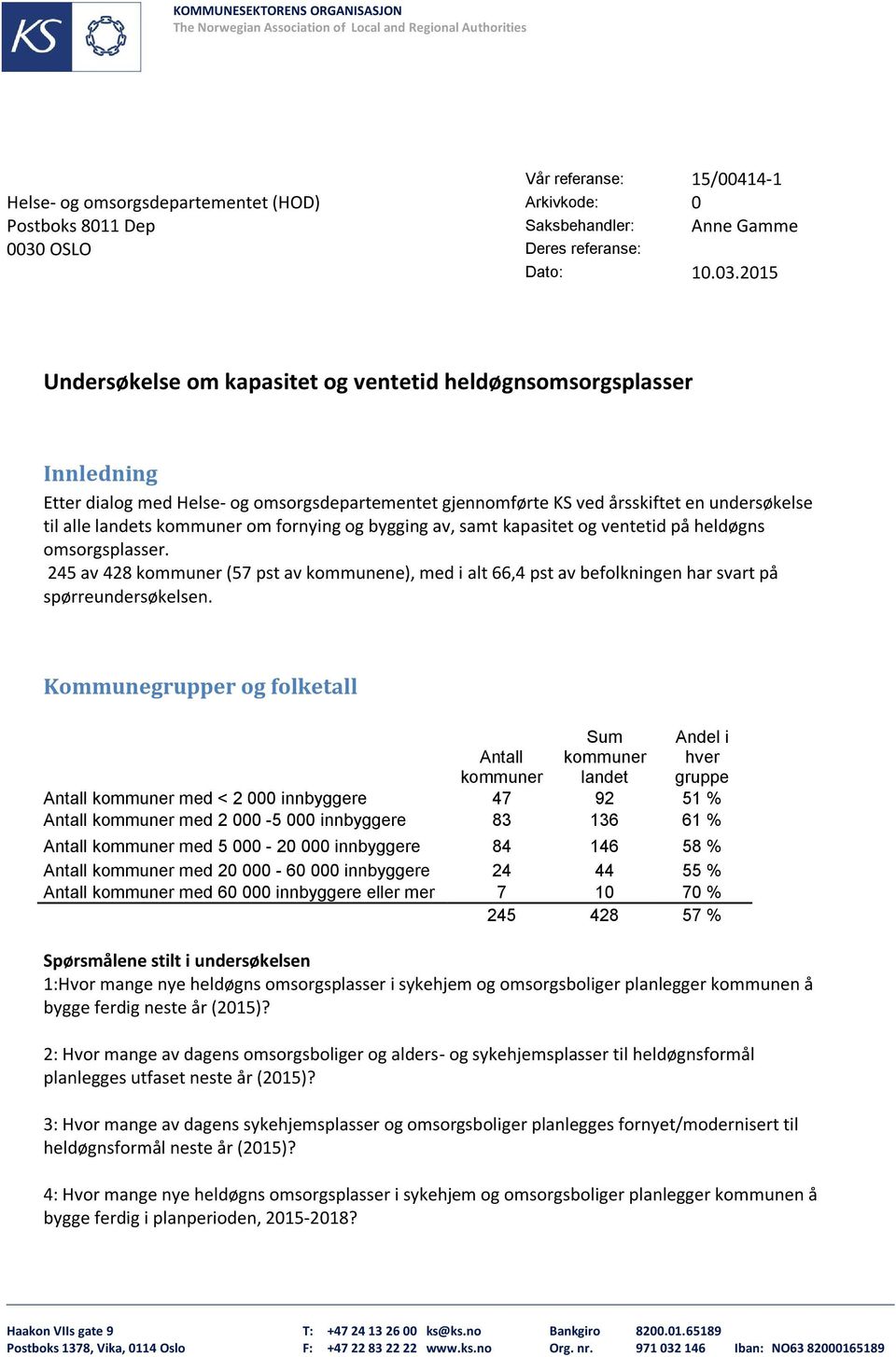 2015 Undersøkelse om kapasitet og ventetid heldøgnsomsorgsplasser Innledning Etter dialog med Helse- og omsorgsdepartementet gjennomførte KS ved årsskiftet en undersøkelse til alle landets kommuner