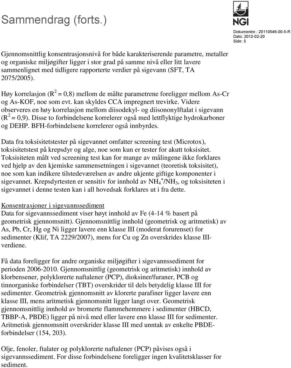 sammenlignet med tidligere rapporterte verdier på sigevann (SFT, TA 275/25). Høy korrelasjon (R 2 =,8) mellom de målte parametrene foreligger mellom As-Cr og As-KOF, noe som evt.