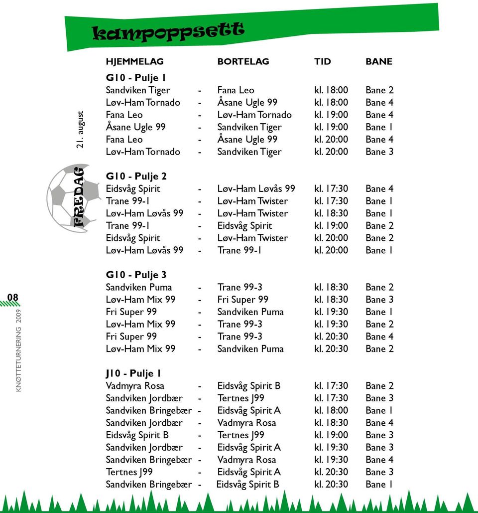 20:00 Bane 3 G10 - Pulje 2 Eidsvåg Spirit - Løv-Ham Løvås 99 kl. 17:30 Bane 4 Trane 99-1 - Løv-Ham Twister kl. 17:30 Bane 1 Løv-Ham Løvås 99 - Løv-Ham Twister kl.