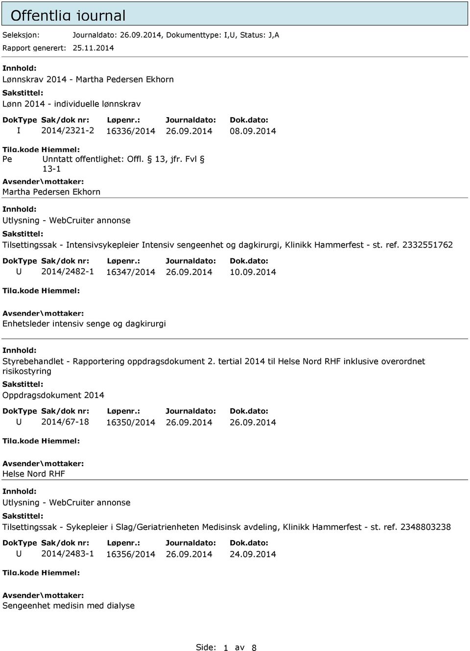 ref. 2332551762 2014/2482-1 16347/2014 10.09.2014 Enhetsleder intensiv senge og dagkirurgi Styrebehandlet - Rapportering oppdragsdokument 2.