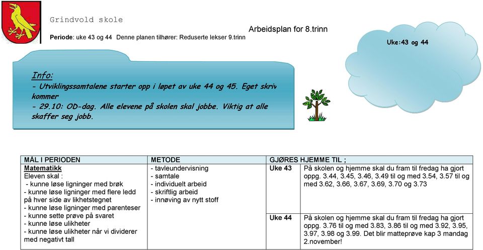 stoff - kunne løse ligninger med parenteser - kunne sette prøve på svaret - kunne løse ulikheter - kunne løse ulikheter når vi dividerer med negativt tall På skolen og hjemme skal du fram til fredag