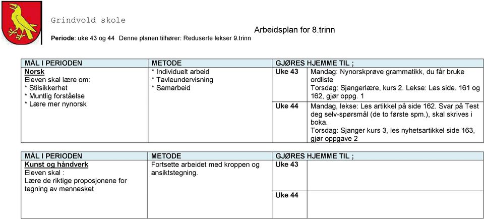 Mandag: Nynorskprøve grammatikk, du får bruke ordliste Torsdag: Sjangerlære, kurs 2. Lekse: Les side. 161 og 162, gjør oppg.