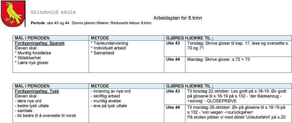 72 + 73 Fordypningsfag: Tysk - innøving av nye ord - skriftlig arbeid - lære nye ord - muntlig øvelse - bedre tysk uttale - samtale - bli bedre til å oversette til norsk