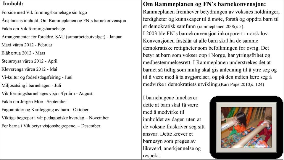 barnehagen - Juli Vik formingsbarnehages visjon/fyrtårn - August Fakta om Jørgen Moe - September Fagområder og Kartlegging av barn - Oktober Viktige begreper i vår pedagogiske hverdag November For