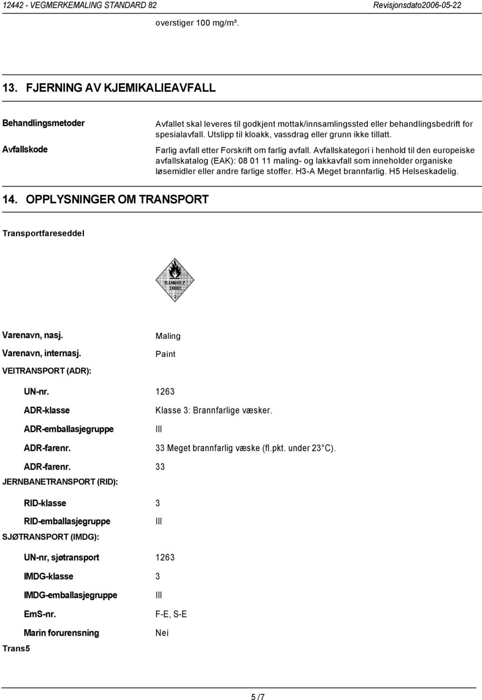 Avfallskategori i henhold til den europeiske avfallskatalog (EAK): 08 01 11 maling- og lakkavfall som inneholder organiske løsemidler eller andre farlige stoffer. H3-A Meget brannfarlig.