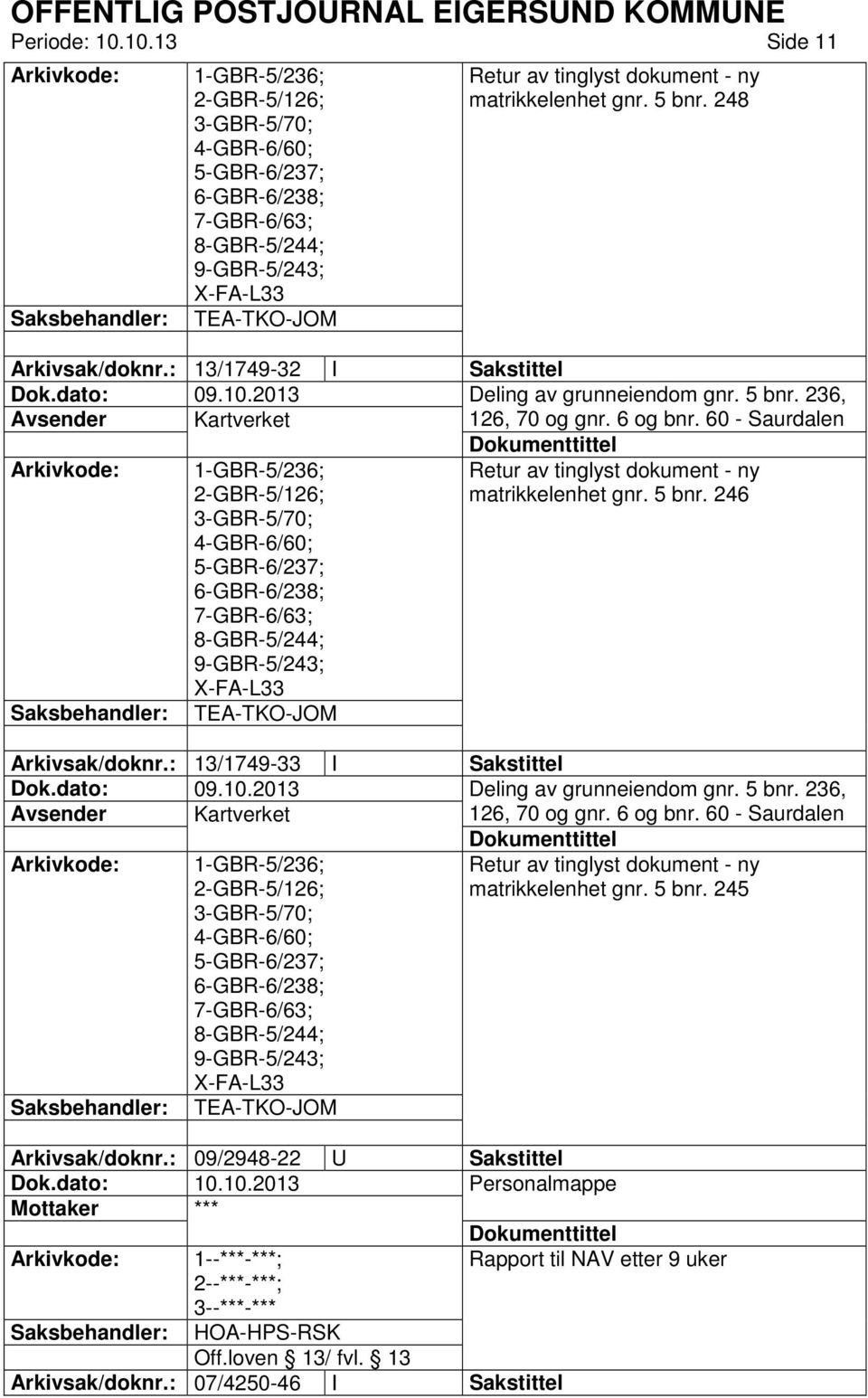 : 13/1749-33 I Sakstittel 1-GBR-5/236; matrikkelenhet gnr. 5 bnr. 245 TEA-TKO-JOM Arkivsak/doknr.