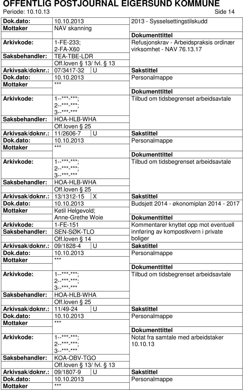 : 11/2606-7 U Sakstittel Mottaker *** Tilbud om tidsbegrenset arbeidsavtale HOA-HLB-WHA Off.loven 25 Arkivsak/doknr.