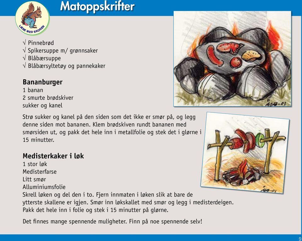 Klem brødskiven rundt bananen med smørsiden ut, og pakk det hele inn i metallfolie og stek det i glørne i 15 minutter.