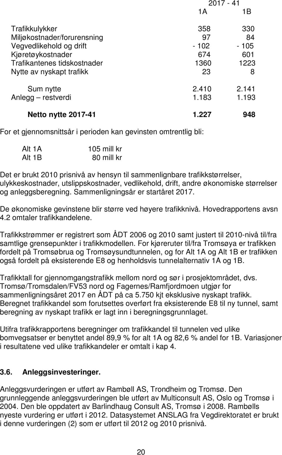 227 948 For et gjennomsnittsår i perioden kan gevinsten omtrentlig bli: 1B Alt 1A Alt 1B 105 mill kr 80 mill kr Det er brukt 2010 prisnivå av hensyn til sammenlignbare trafikkstørrelser,