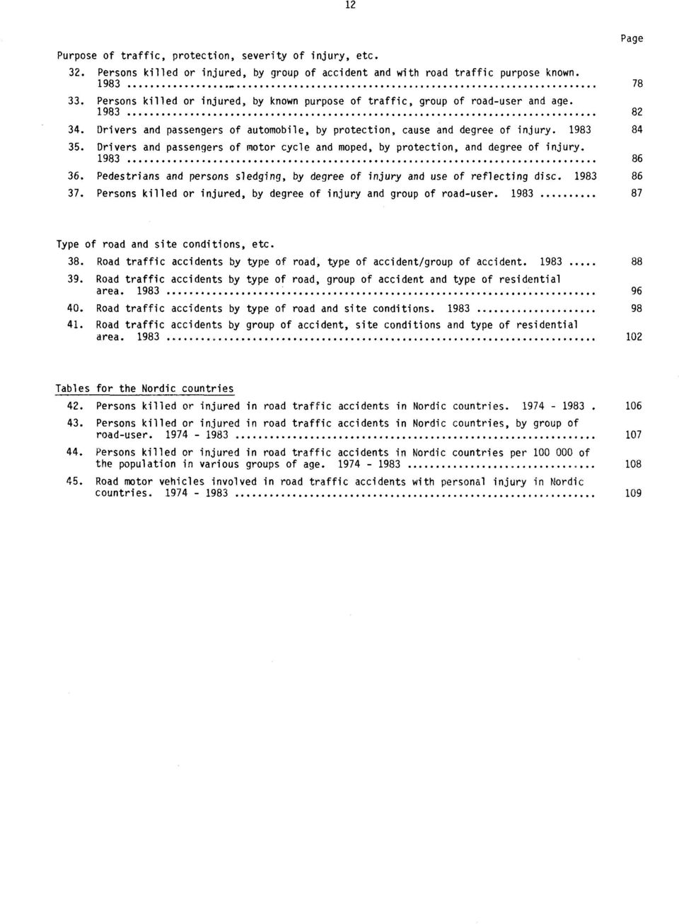 Drivers and passengers of motor cycle and moped, by protection, and degree of injury. 1983 86 36. Pedestrians and persons sledging, by degree of injury and use of reflecting disc. 1983 86 37.