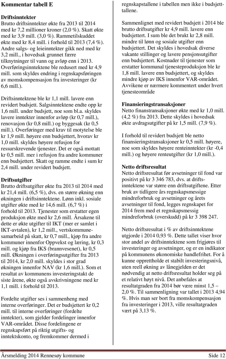 Overføringsinntektene ble redusert med kr 4,9 mill. som skyldes endring i regnskapsføringen av momskompensasjon fra investeringer (kr 6,6 mill.). Driftsinntektene ble kr 1,1 mill.