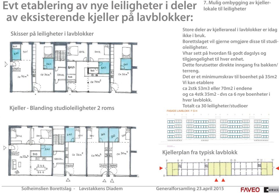 Borettslaget vil gjerne omgjøre disse til studioleiligheter. Vhar sett på hvordan få godt dagslys og tilgjengelighet til hver enhet. Dette forutsetter direkte inngang fra bakken/ terreng.