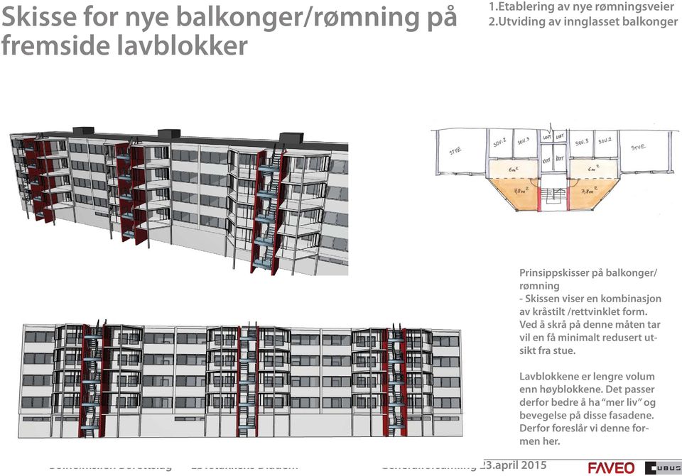 kråstilt /rettvinklet form. Ved å skrå på denne måten tar vil en få minimalt redusert utsikt fra stue.