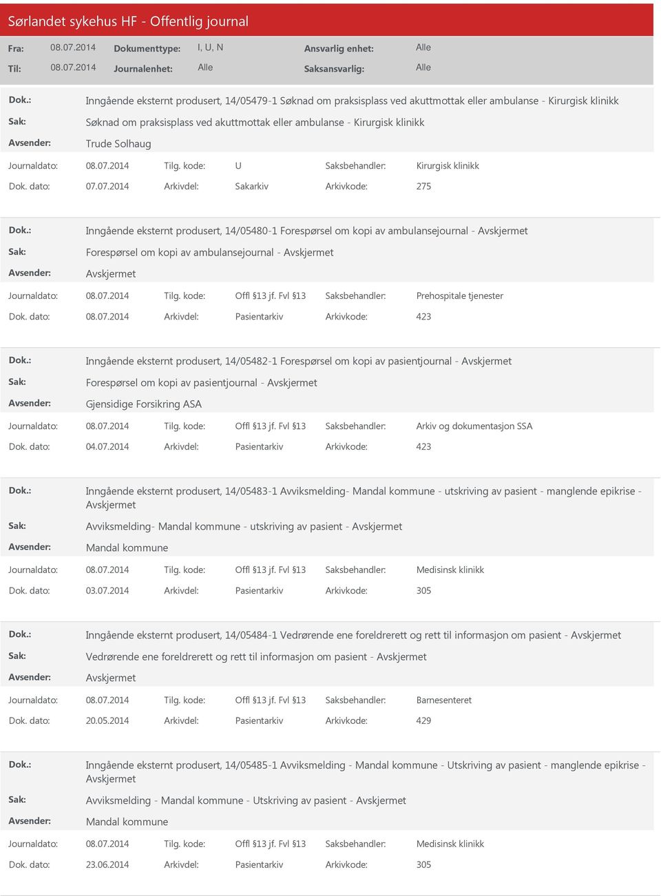 07.2014 Arkivdel: Sakarkiv Arkivkode: 275 Inngående eksternt produsert, 14/05480-1 Forespørsel om kopi av ambulansejournal - Forespørsel om kopi av ambulansejournal - Prehospitale tjenester Dok.