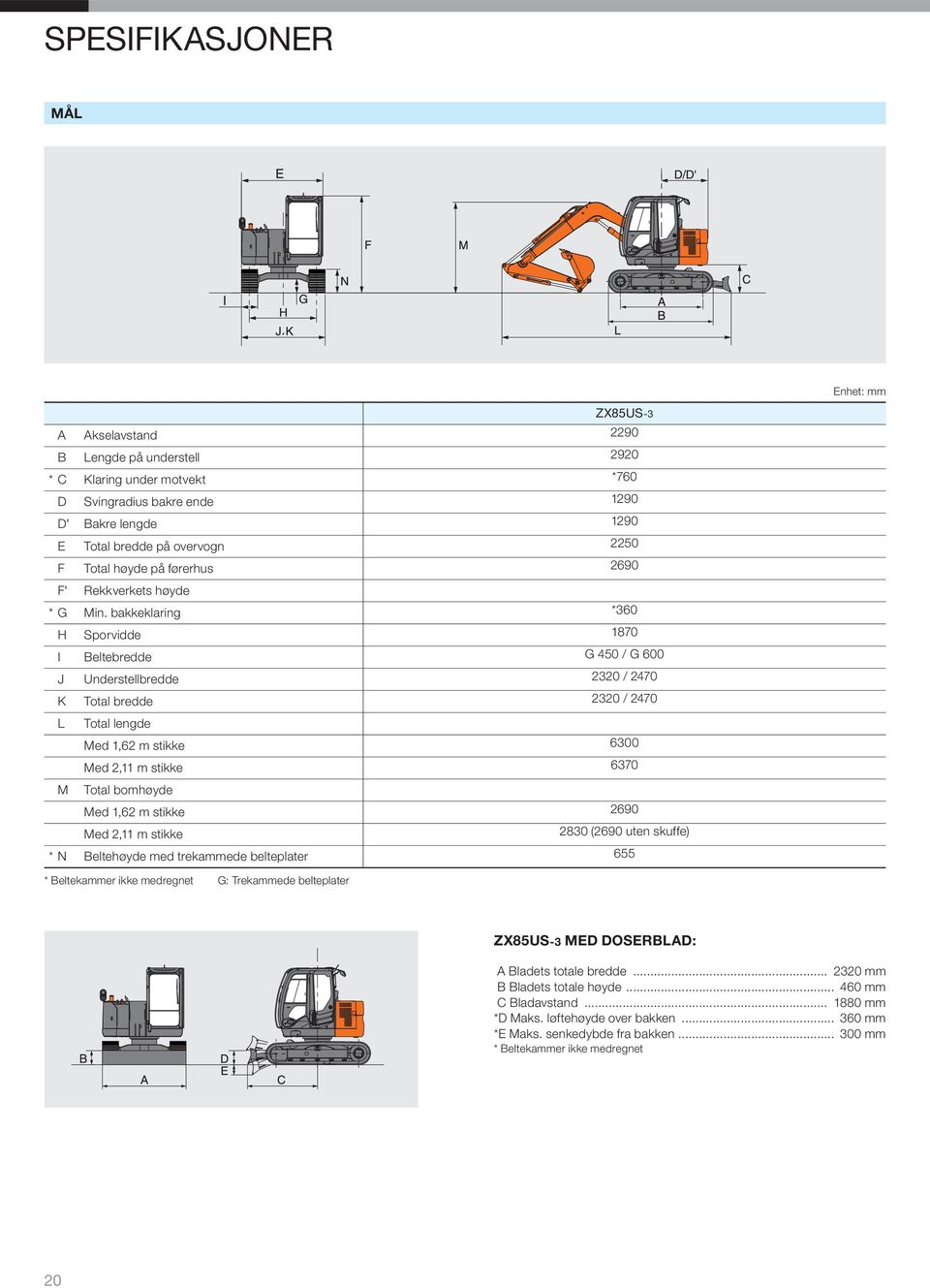 bakkeklaring *360 H Sporvidde 1870 I Beltebredde G 450 / G 600 J Understellbredde 2320 / 2470 K Total bredde 2320 / 2470 L Total lengde Med 1,62 m stikke 6300 Med 2,11 m stikke 6370 M Total bomhøyde