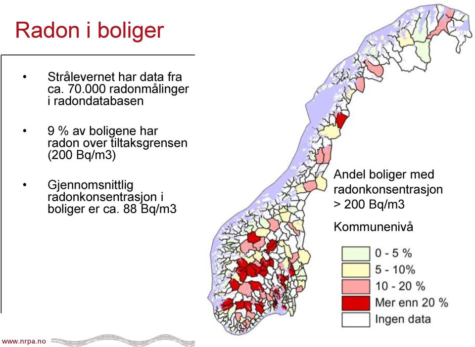 tiltaksgrensen (200 Bq/m3) Gjennomsnittlig radonkonsentrasjon i