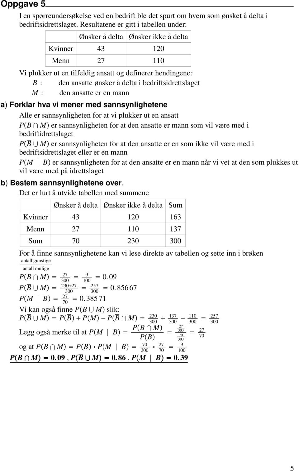 bedriftsidrettslaget M : den ansatte er en mann a) Forklar hva vi mener med sannsynlighetene Alle er sannsynligheten for at vi plukker ut en ansatt PB M er sannsynligheten for at den ansatte er mann