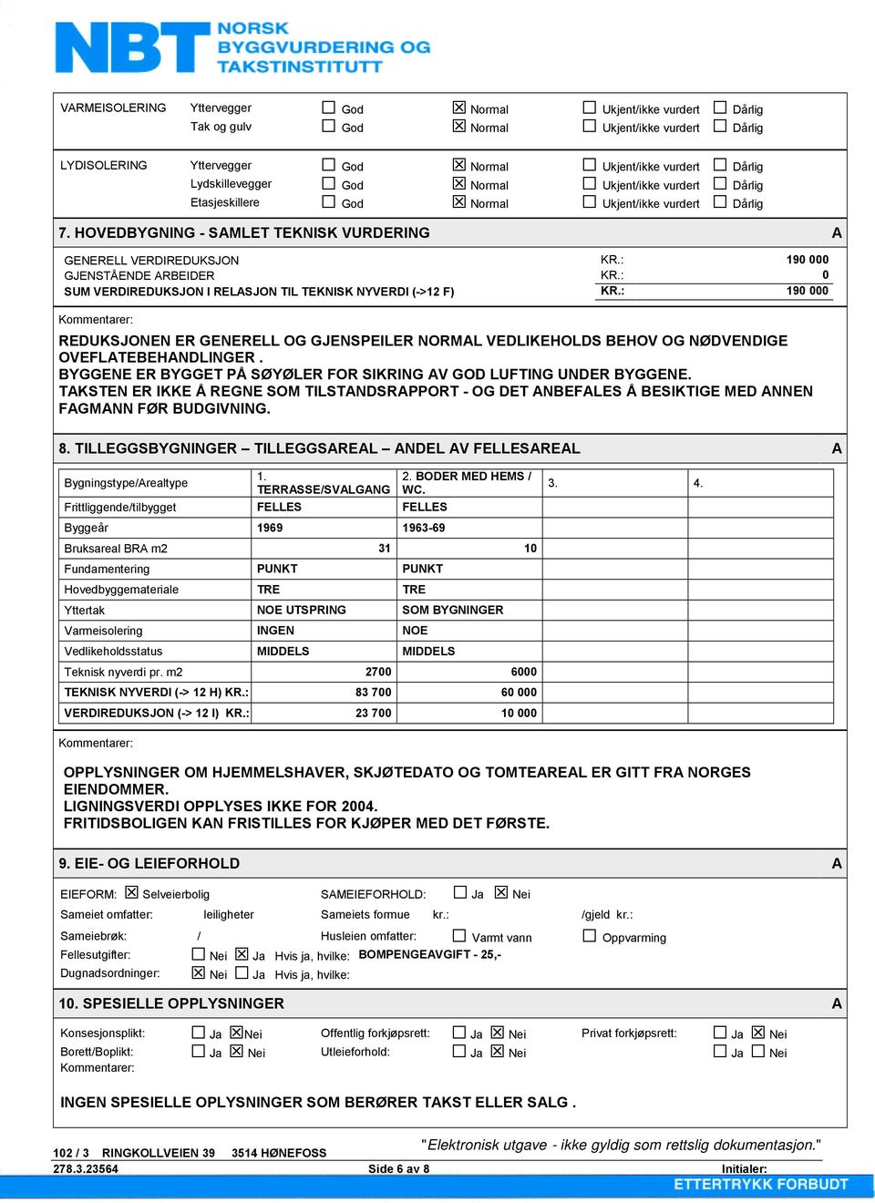 : 0 SUM VERDIREDUKSJON I RELASJON TIL TEKNISK NYVERDI (->12 F) KR.: 190 000 Kommentarer: REDUKSJONEN ER GENERELL OG GJENSPEILER NORMAL VEDLIKEHOLDS BEHOV OG NØDVENDIGE OVEFLATEBEHANDLINGER.