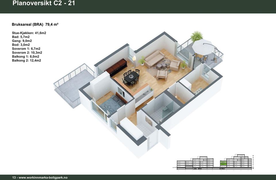 6,7m2 Soverom 2: 10,3m2 Balkong 1: 8,0m2