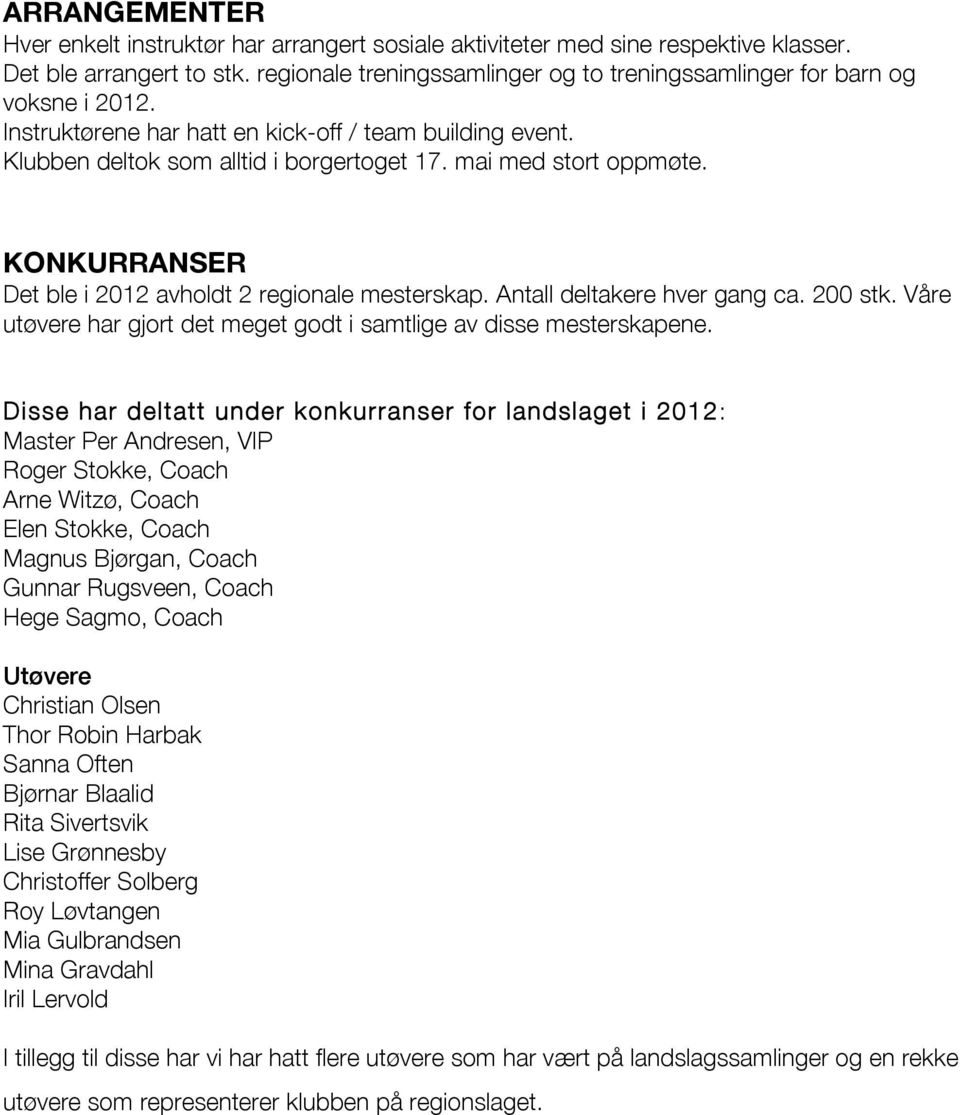 mai med stort oppmøte. KONKURRANSER Det ble i 2012 avholdt 2 regionale mesterskap. Antall deltakere hver gang ca. 200 stk. Våre utøvere har gjort det meget godt i samtlige av disse mesterskapene.