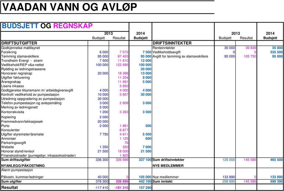 7 500 11 610 12 000 Vedlikehold/REP v&a-nettet 100 000 122 695 100 000 Rydding av ledningstraseene 20 000 Honorarer regnskap 20 000 18 368 13 000 Utgifter fakturering 11 254 9 000 Årsregnskap 11 991