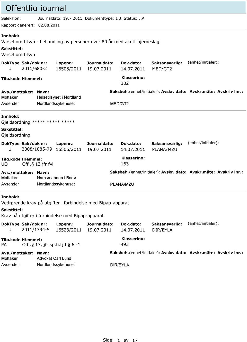 2011 MED/GT2 302 Mottaker Helsetilsynet i Nordland MED/GT2 Gjeldsordning Gjeldsordning 2008/1085-79 16506/2011 14.07.2011 LANA/MZ O Offl.