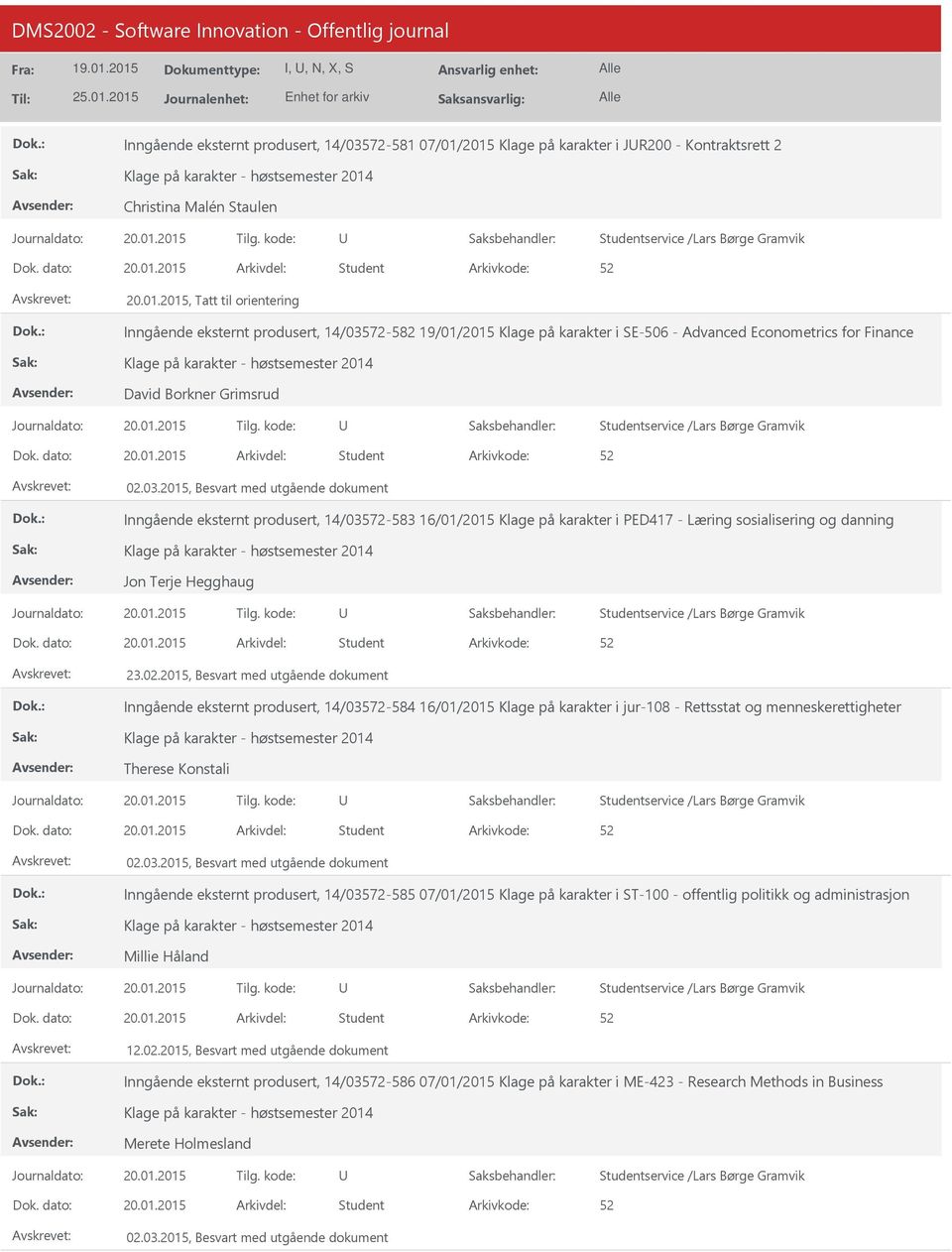 01.2015 Student 02.03.2015, Besvart med utgående dokument Inngående eksternt produsert, 14/03572-583 16/01/2015 Klage på karakter i PED417 - Læring sosialisering og danning Jon Terje Hegghaug 20.01.2015 Student 23.