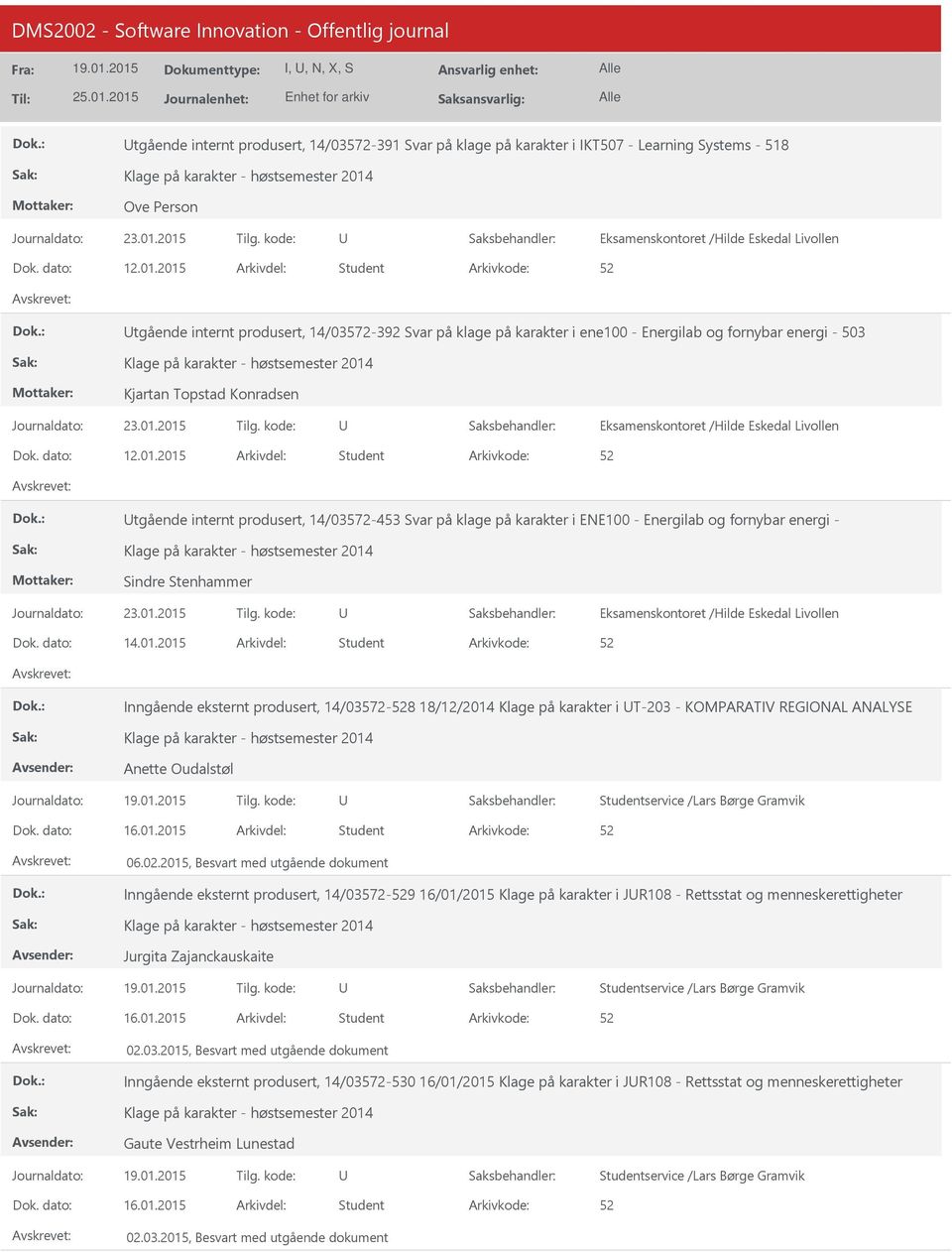 01.2015 Student Inngående eksternt produsert, 14/03572-528 18/12/2014 Klage på karakter i T-203 - KOMPARATIV REGIONAL ANALYSE Anette Oudalstøl Journaldato: Tilg. kode: 16.01.2015 Student 06.02.