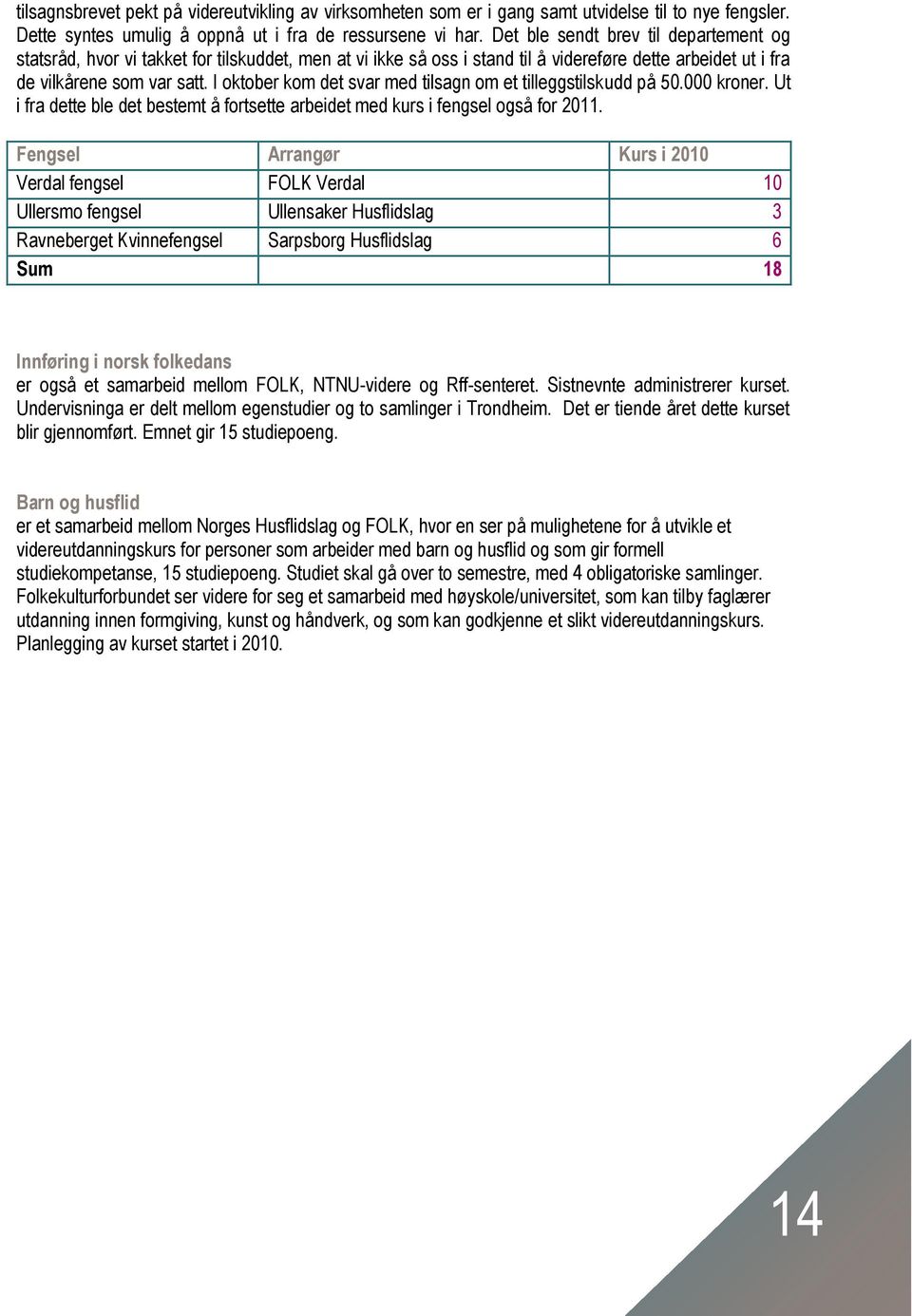 I oktober kom det svar med tilsagn om et tilleggstilskudd på 50.000 kroner. Ut i fra dette ble det bestemt å fortsette arbeidet med kurs i fengsel også for 2011.